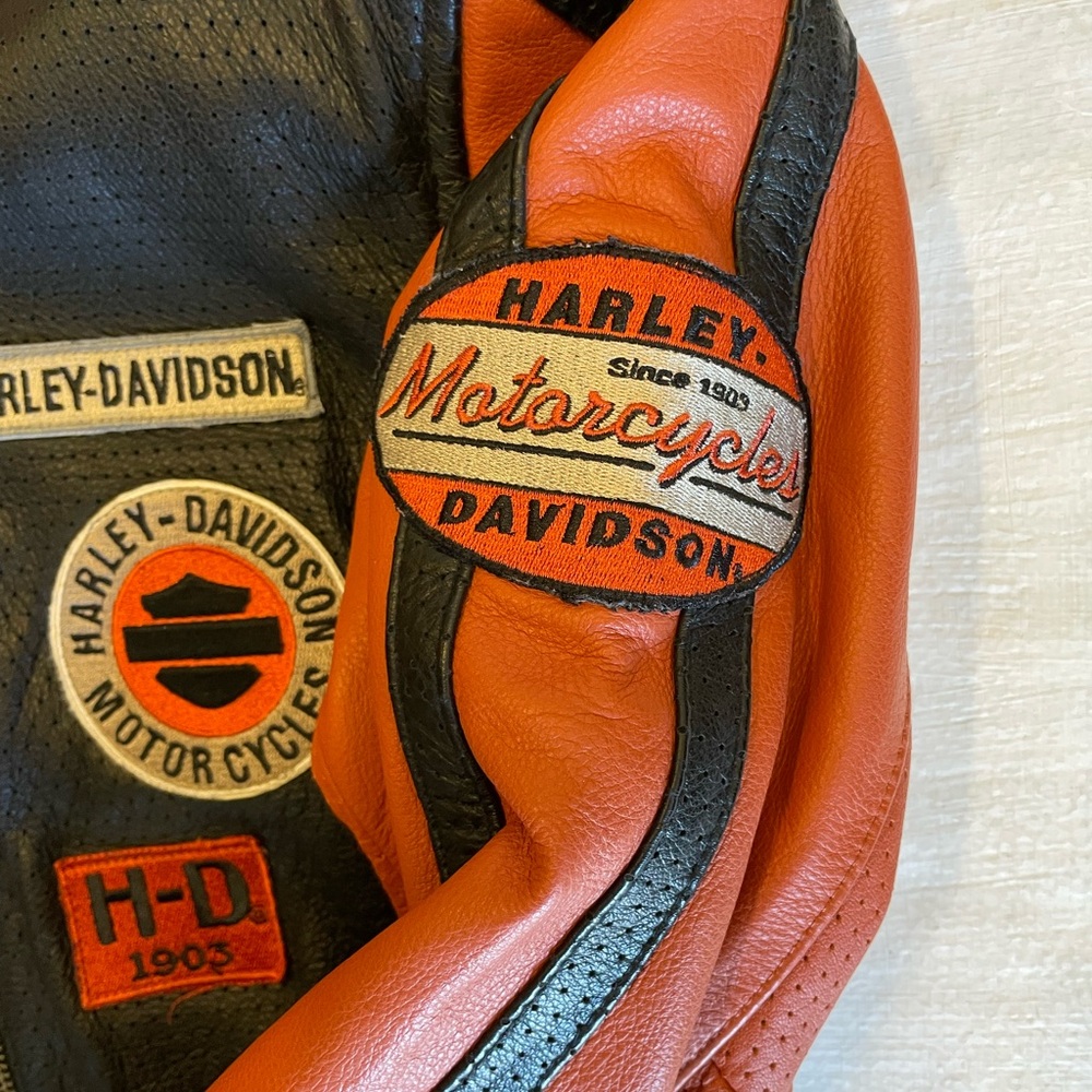 HARLEY DAVIDSON Colorblock Perforated Leather Patch Cafe Moto Jacket Size XS - Picture 3 of 9